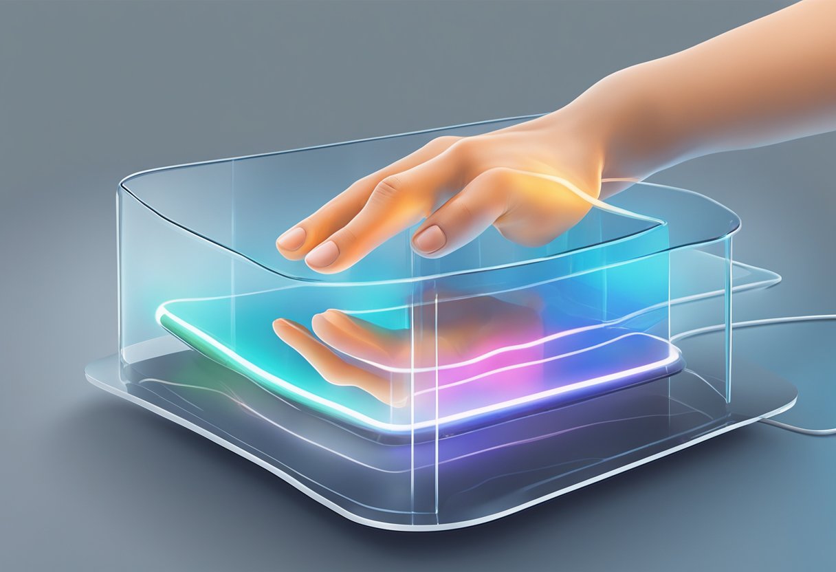 A hand hovers over a sleek, glass surface, fingers poised to tap and swipe. Electric currents flow as the screen detects and responds to the touch