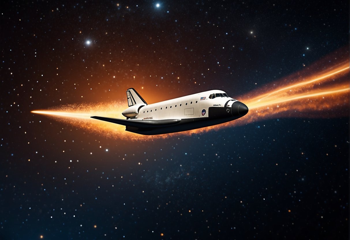 The Space Shuttle soaring through a starry sky, with a trail of fiery exhaust behind it, symbolizing hope and innovation in popular culture