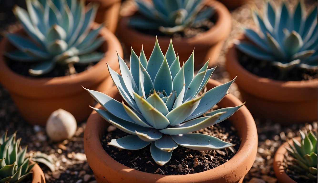 A bright, blue agave plant sits in a terracotta pot, surrounded by small offshoots. The plant is illuminated by a soft, warm light, casting a gentle glow on its spiky leaves