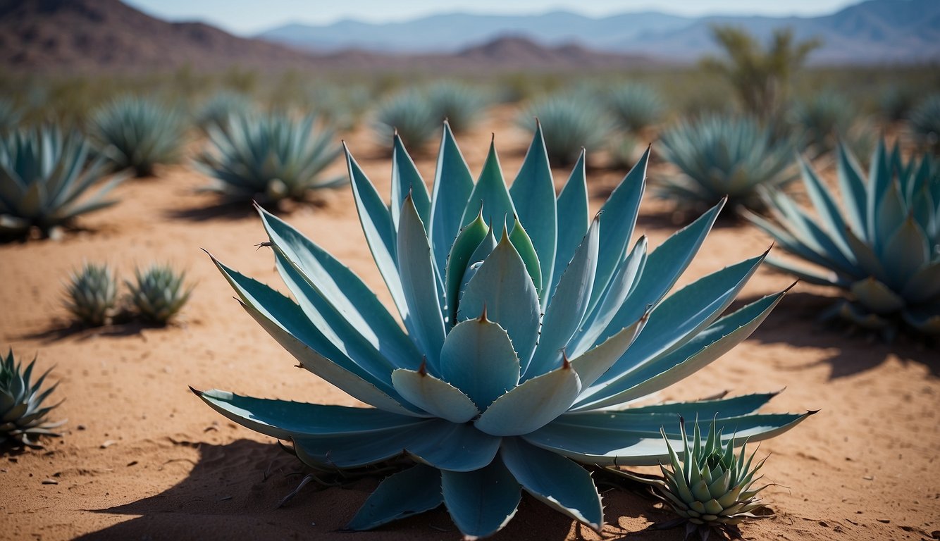A close-up of a Blue Glow Agave plant with its striking blue-green leaves arranged in a symmetrical rosette pattern, set against a backdrop of desert landscape