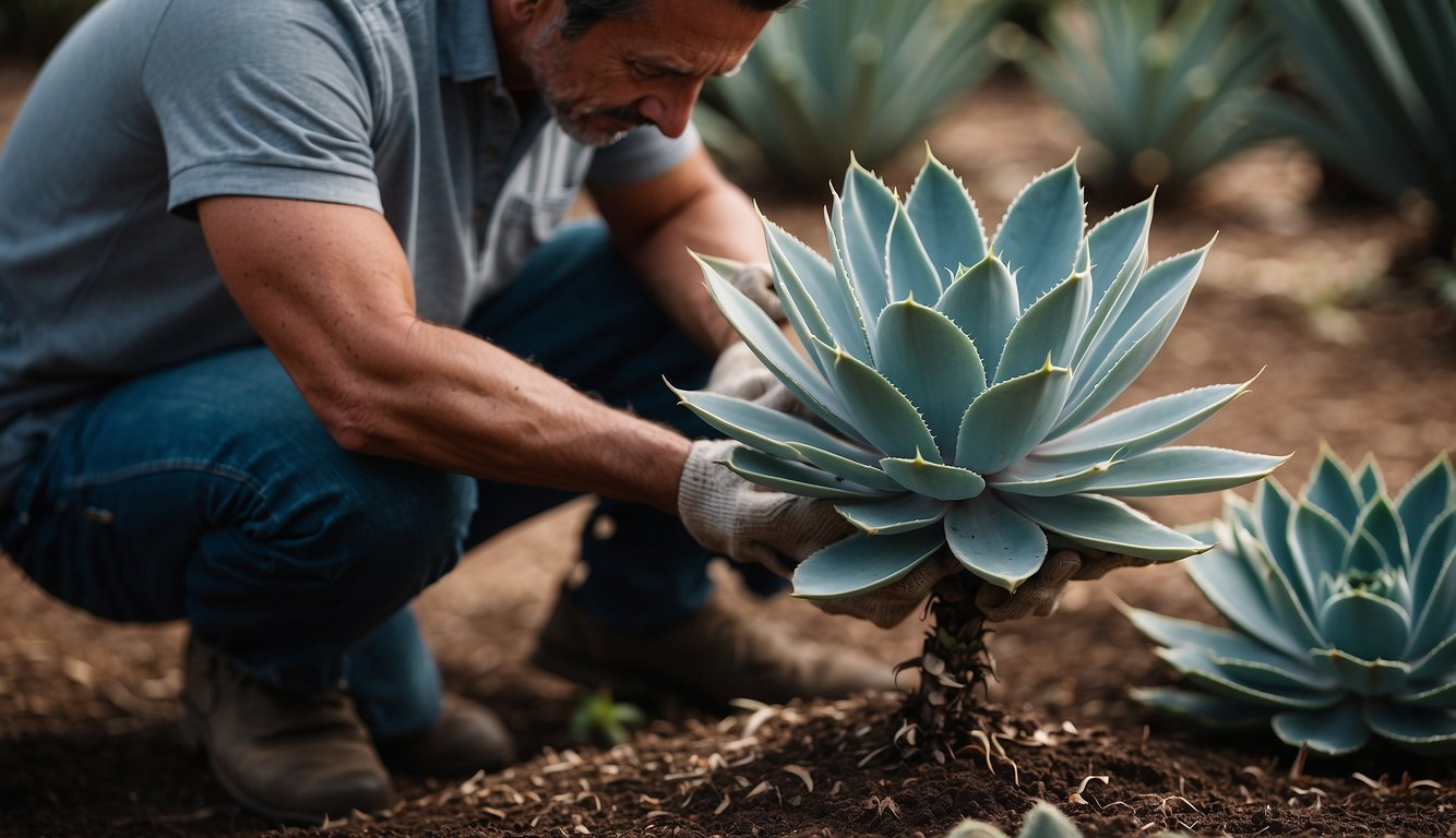 A mature blue glow agave plant surrounded by smaller offsets, with a gardener demonstrating propagation techniques