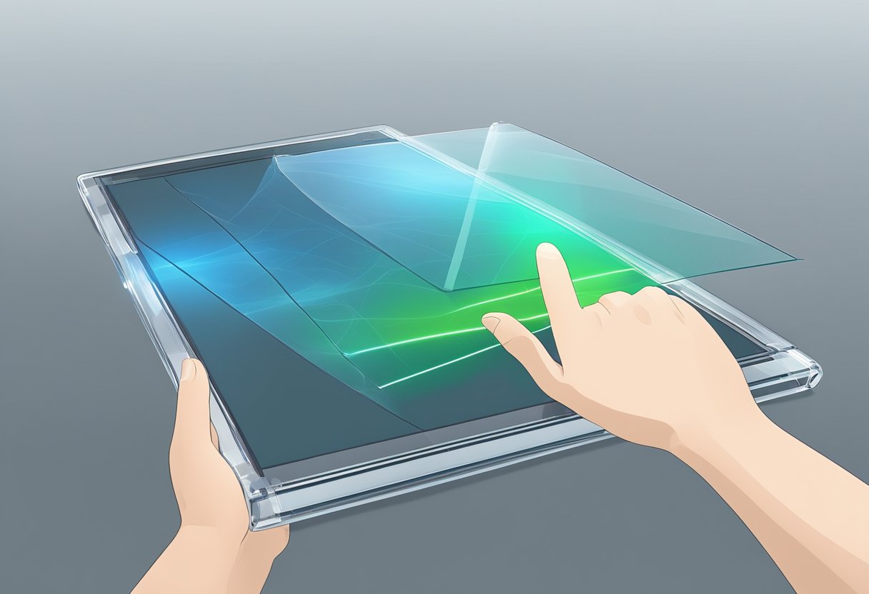 A transparent film covers the screen, detecting touch through electrical signals. The film is layered with conductive material, enabling precise and responsive touch interaction