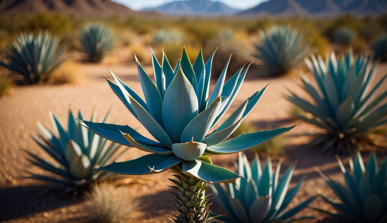 A vibrant Blue Glow Agave plant stands tall against a desert backdrop, its striking blue-green leaves illuminated by the warm sunlight