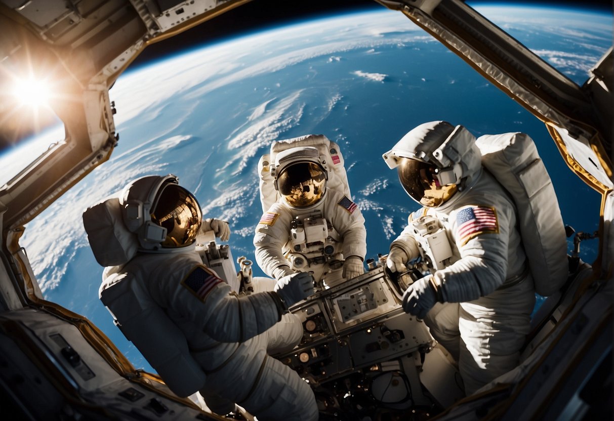 Astronauts float in the module, working on equipment. Earth looms in the background, a breathtaking view from the space station