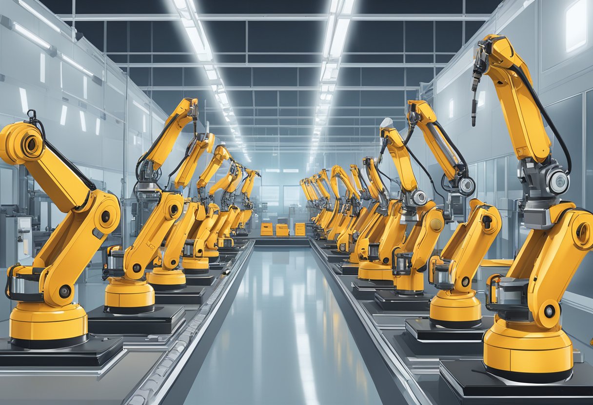 A row of robotic arms assemble 14-inch capacitive touch screens in a high-tech factory setting