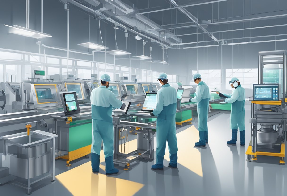 An 8-inch capacitive touch screen factory with machinery and assembly lines in operation. Brightly lit and clean environment with workers wearing protective gear