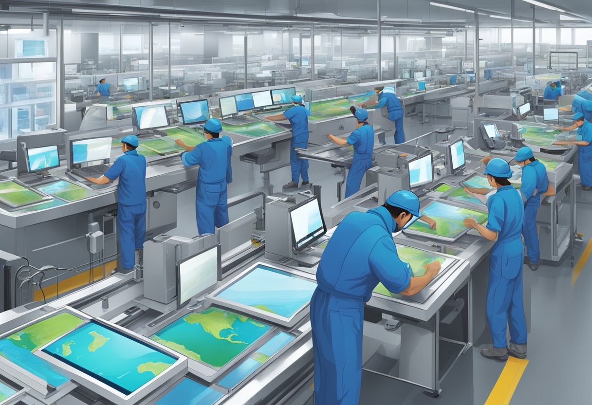 A bustling global market with factories producing 8 inch capacitive touch screens. Machinery hums as workers assemble and test the screens for shipment worldwide