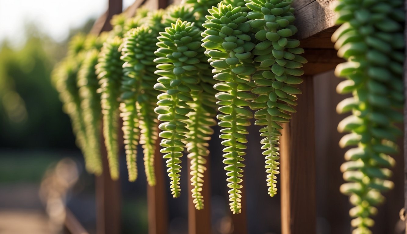 Lush green Burro's Tail succulents hang from a wooden trellis, with small offshoots emerging from the mother plant, ready for propagation