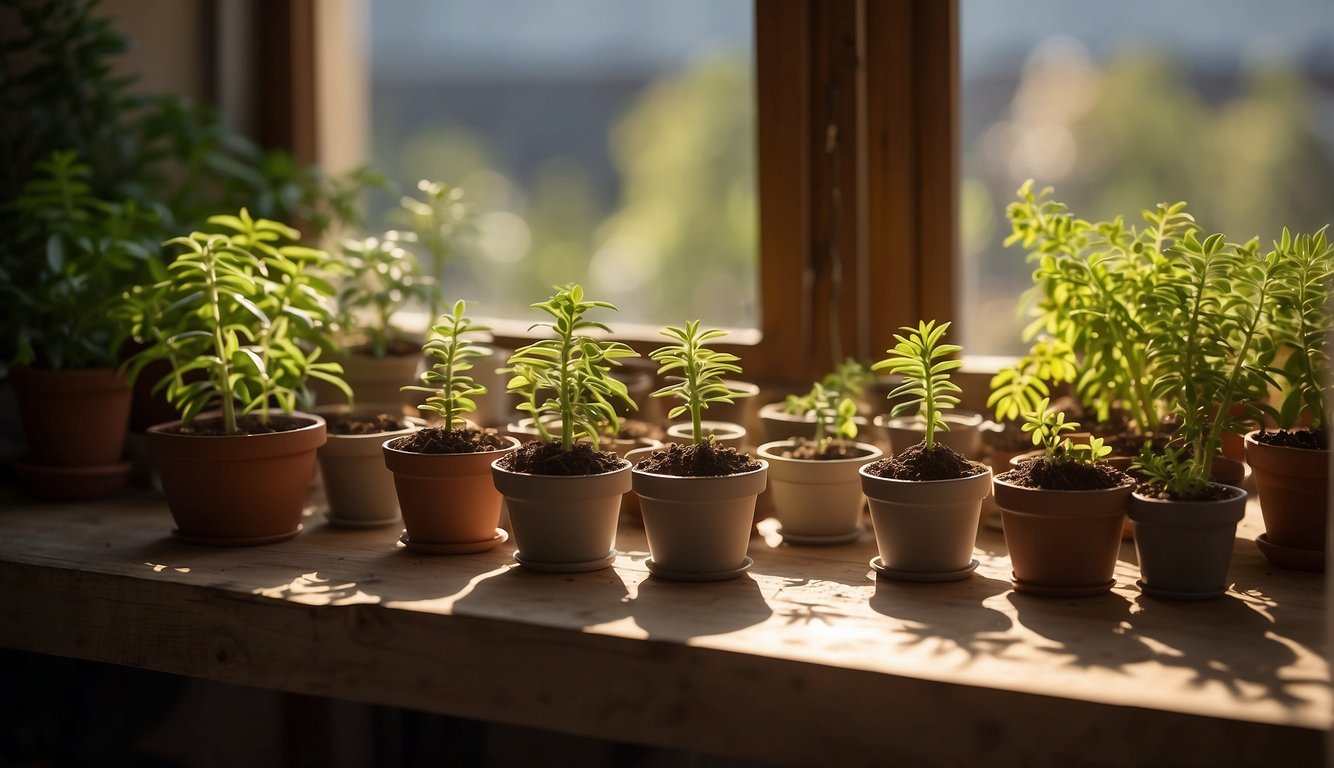 A table with small pots, soil, and propagated Burro's Tail cuttings. A person gently planting the cuttings into the soil. Sunlight streams through a nearby window