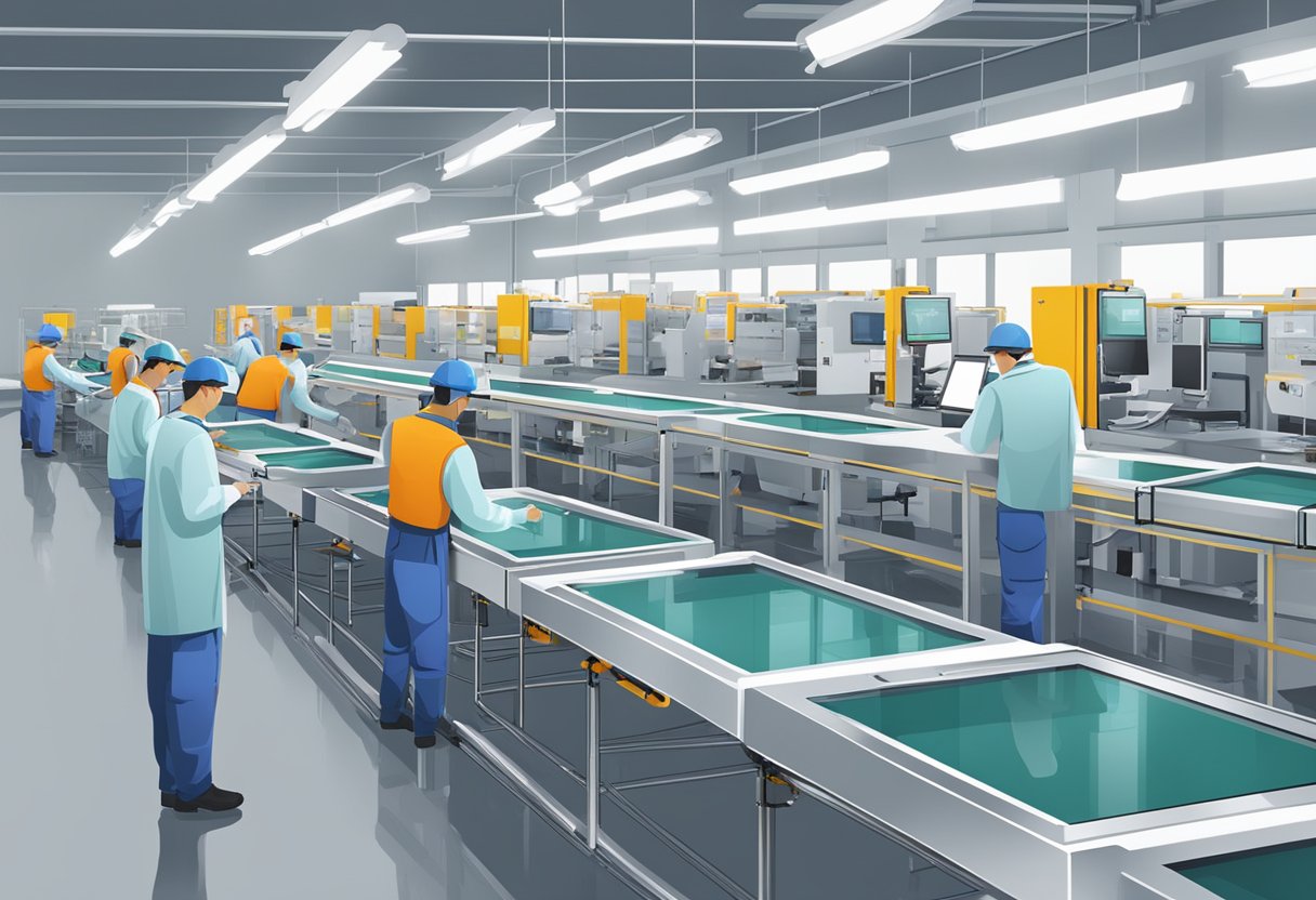 A factory floor with rows of LCD capacitive touch screens being assembled and tested by workers