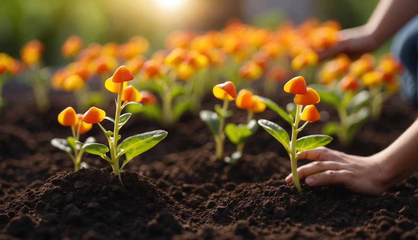 A candy corn plant sprouts from rich, dark soil, its vibrant red and yellow flowers reaching towards the sun. A gardener carefully tends to the plant, providing it with proper care and nutrients