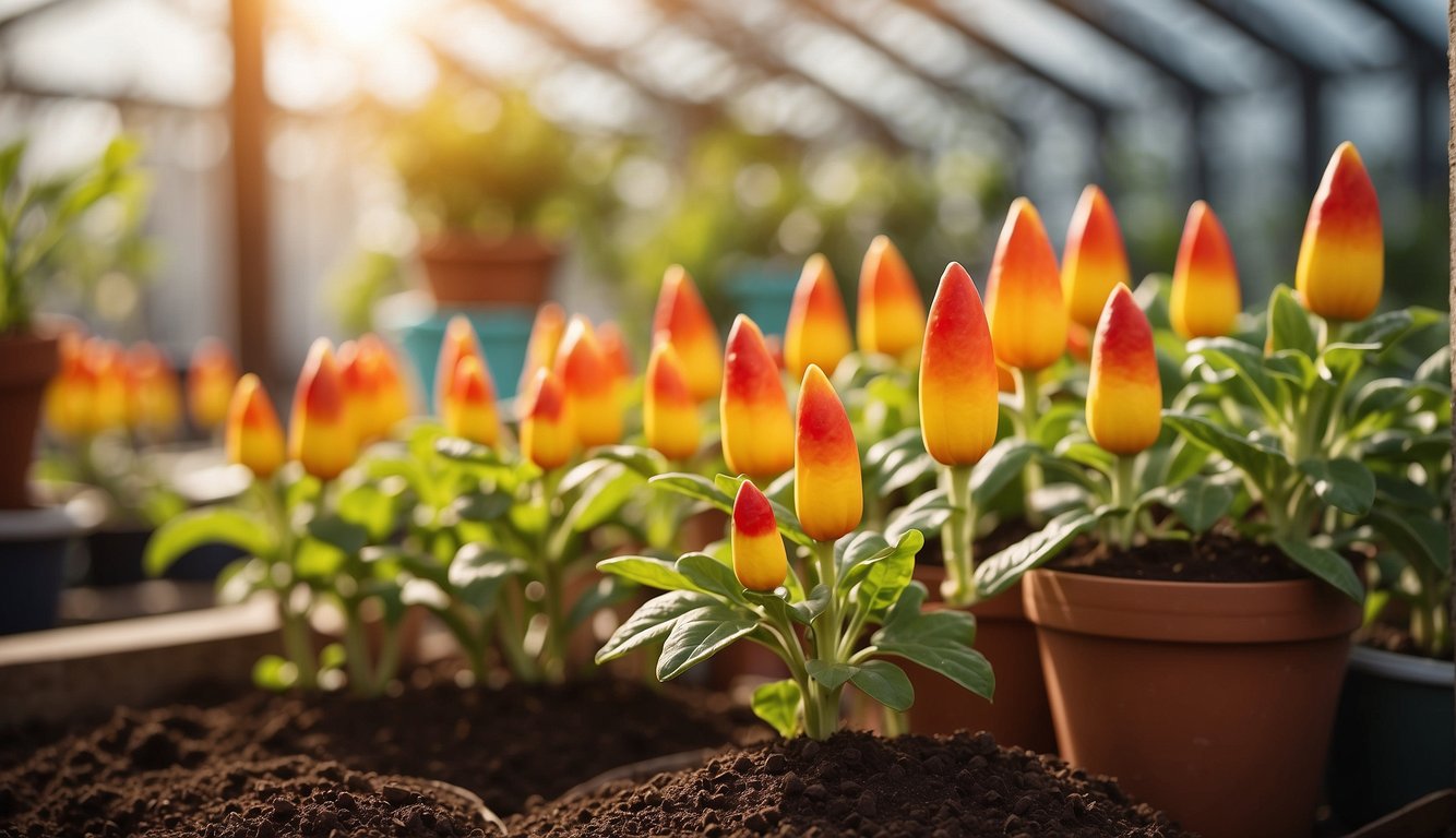 A candy corn plant with vibrant red and yellow flowers grows in a sunny greenhouse, surrounded by pots of soil and gardening tools