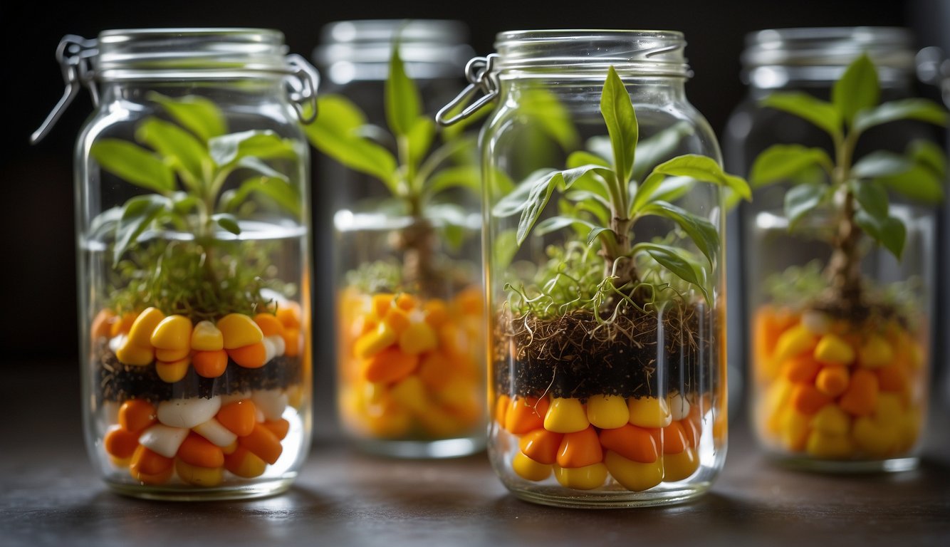 Vibrant candy corn plant cuttings in water-filled jars, roots forming. New growth emerges from the nodes, ready for potting