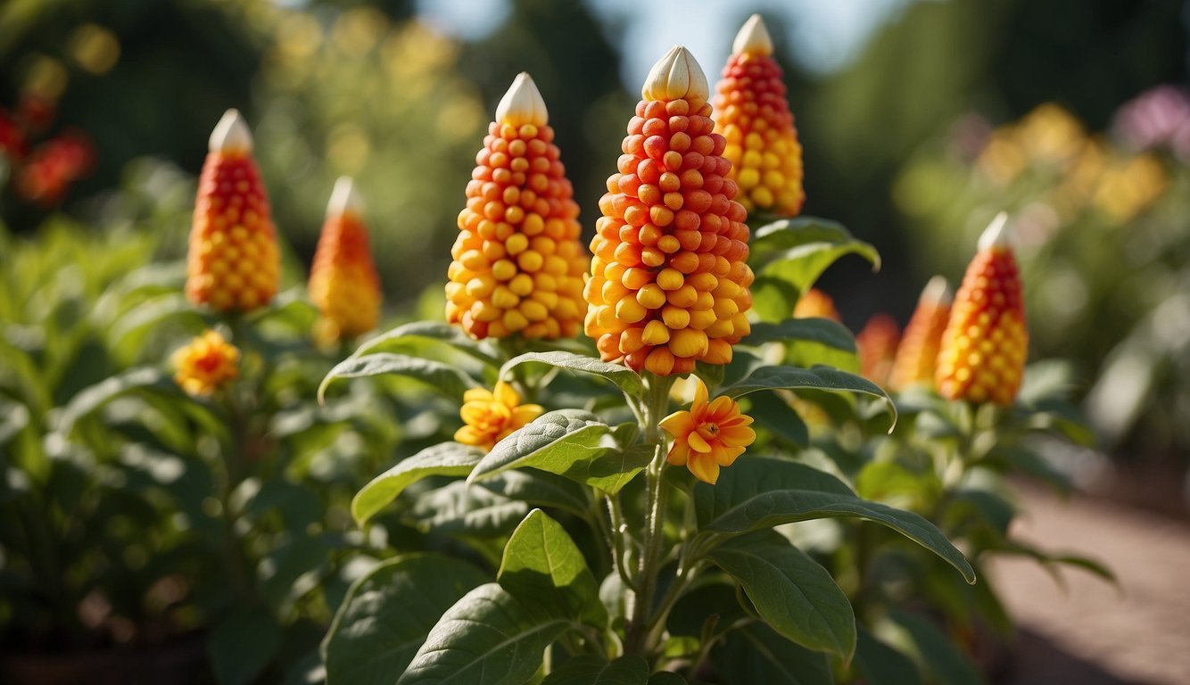 A candy corn plant with vibrant red and yellow flowers grows in a sunny garden. Lush green leaves surround the plant, and small buds hint at future blooms
