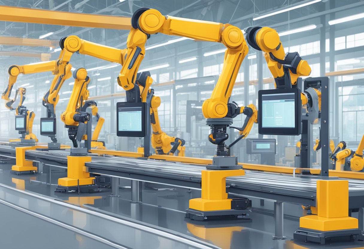 Robotic arms assemble and calibrate capacitive multi touch screens on a conveyor belt in a brightly lit factory