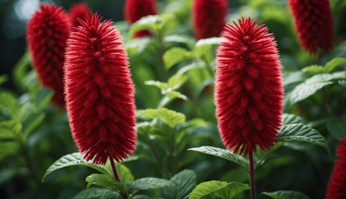 Vibrant chenille plant with fuzzy, crimson flowers cascading from long, slender stems. Lush green leaves contrast against the bright blooms, creating a striking and captivating display