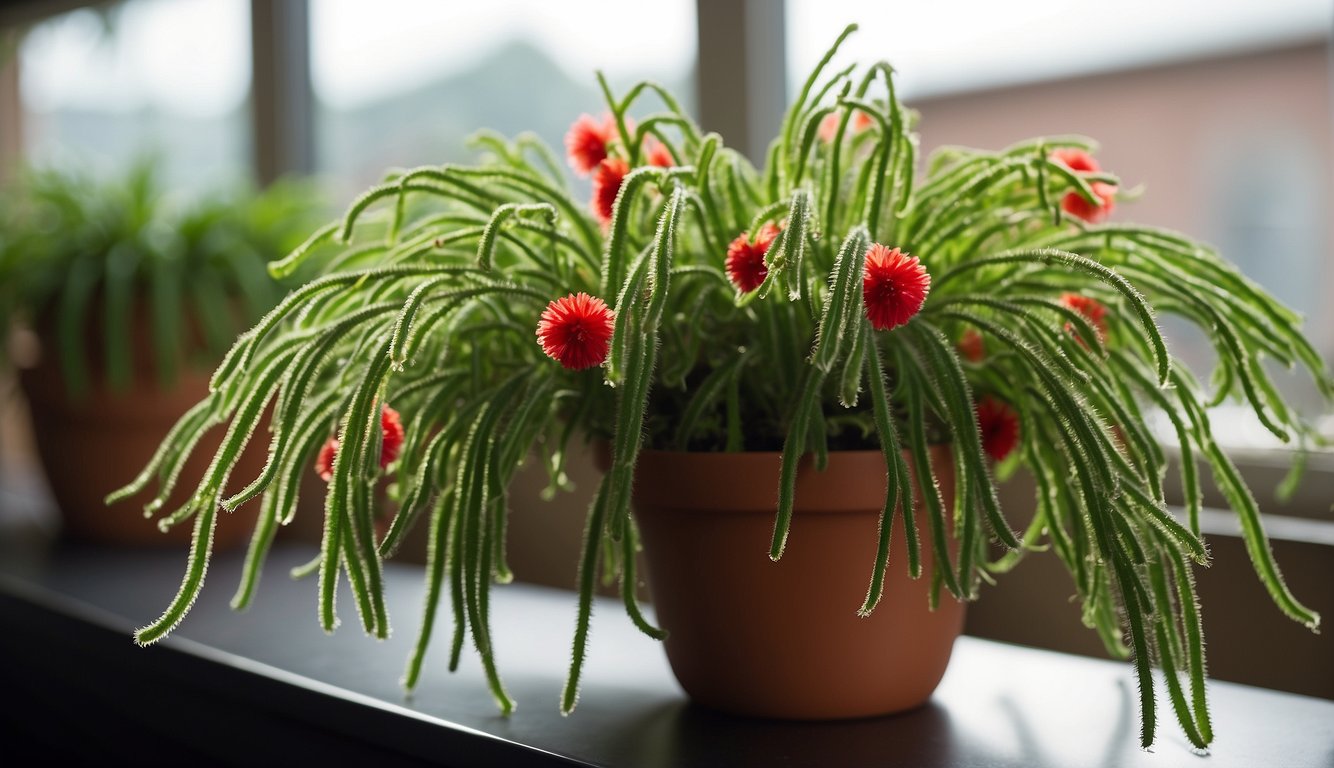 A mature chenille plant with long, fuzzy red blooms dangles from a hanging pot. Several healthy cuttings sit in a glass of water nearby, ready for propagation