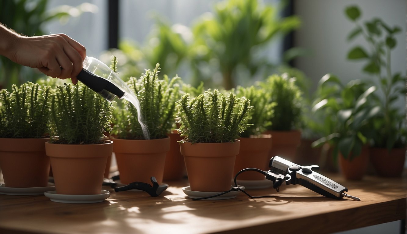 A table with potted chenille plants, a spray bottle, and pruning shears. A person gently misting the plants and trimming the stems for propagation