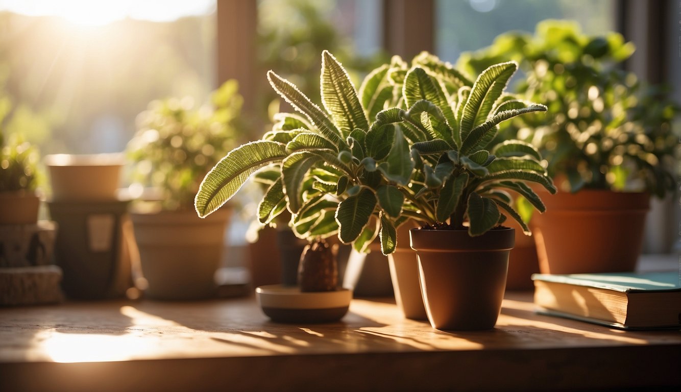 A chenille plant sits on a wooden table, surrounded by gardening tools and a stack of books. Sunlight streams through a nearby window, casting a warm glow on the scene