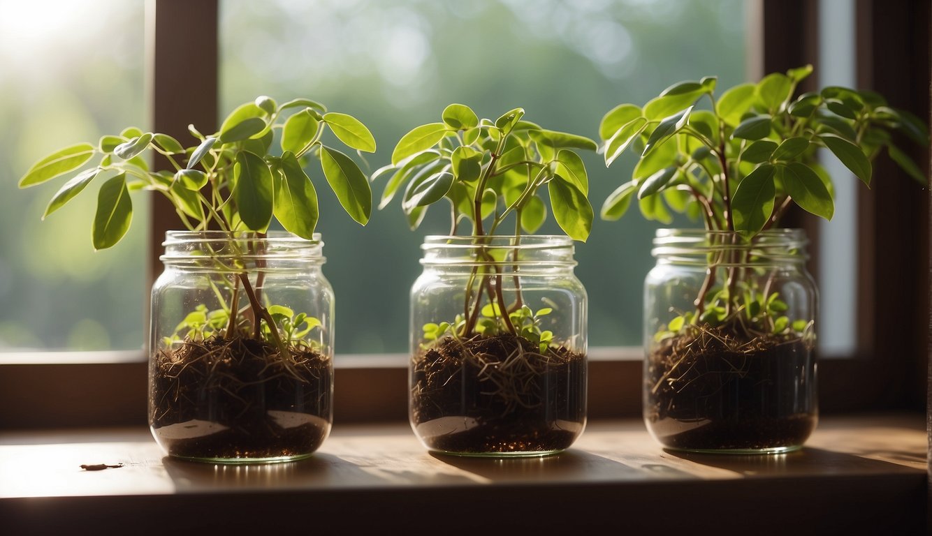 Lipstick plant cuttings placed in water-filled jars. Bright, indirect sunlight streams through a window onto the vibrant green leaves. Roots begin to form, signaling successful propagation