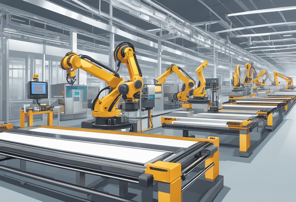 Machinery assembling LCD capacitive touch screens in a spacious factory setting. Robotic arms and conveyor belts move components along the production line