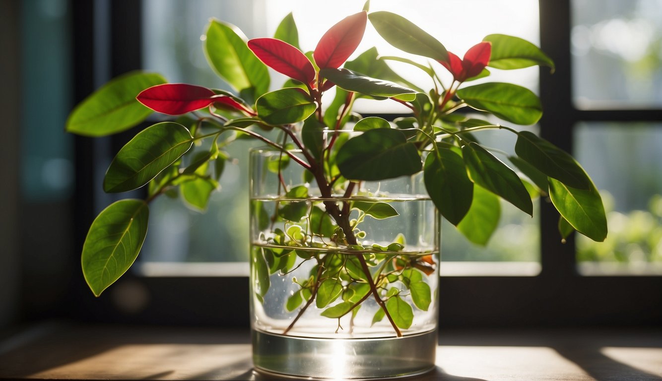 A vibrant lipstick plant cutting sits in a glass of water, with roots starting to form. Bright sunlight streams through the window, illuminating the lush green leaves and creating a tropical vibe