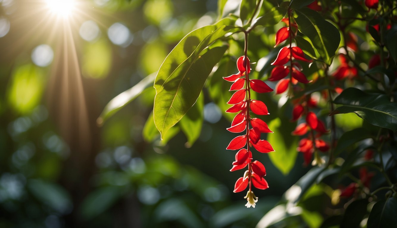 Lipstick plant sits in a vibrant tropical setting with lush green foliage, hanging vines, and bright red flowers. Sunshine filters through the leaves, casting dappled shadows on the plant