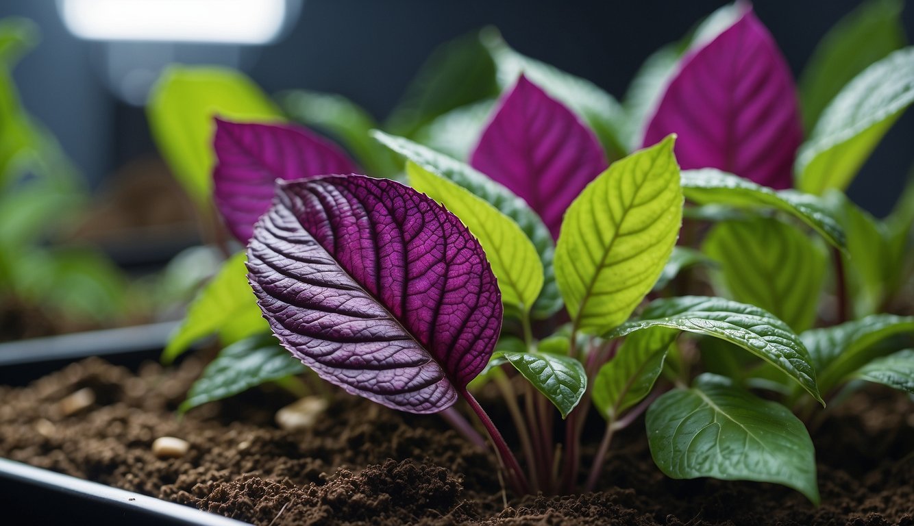 Vibrant Persian Shield leaves are cut and placed in water. Roots form, and the cuttings are transplanted into soil, where they grow into new plants