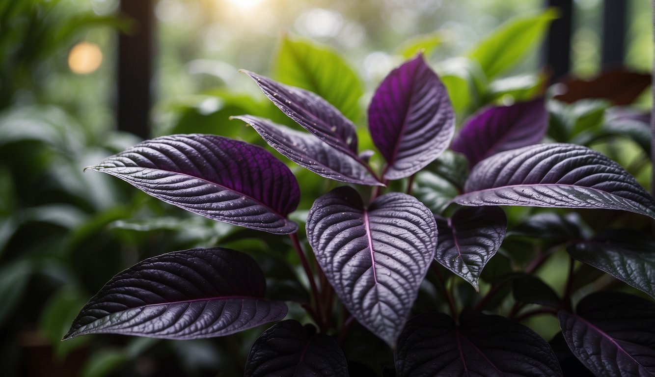 Vibrant Persian Shield plant with metallic purple leaves, growing in a well-lit indoor setting, surrounded by other lush green foliage