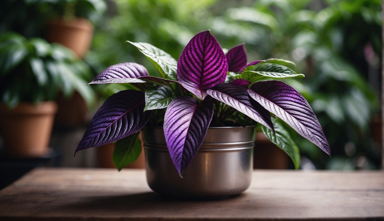 A vibrant Persian Shield plant sits in a metallic pot, surrounded by lush green foliage. The leaves shimmer with metallic hues of purple, pink, and silver, creating a magical and enchanting display