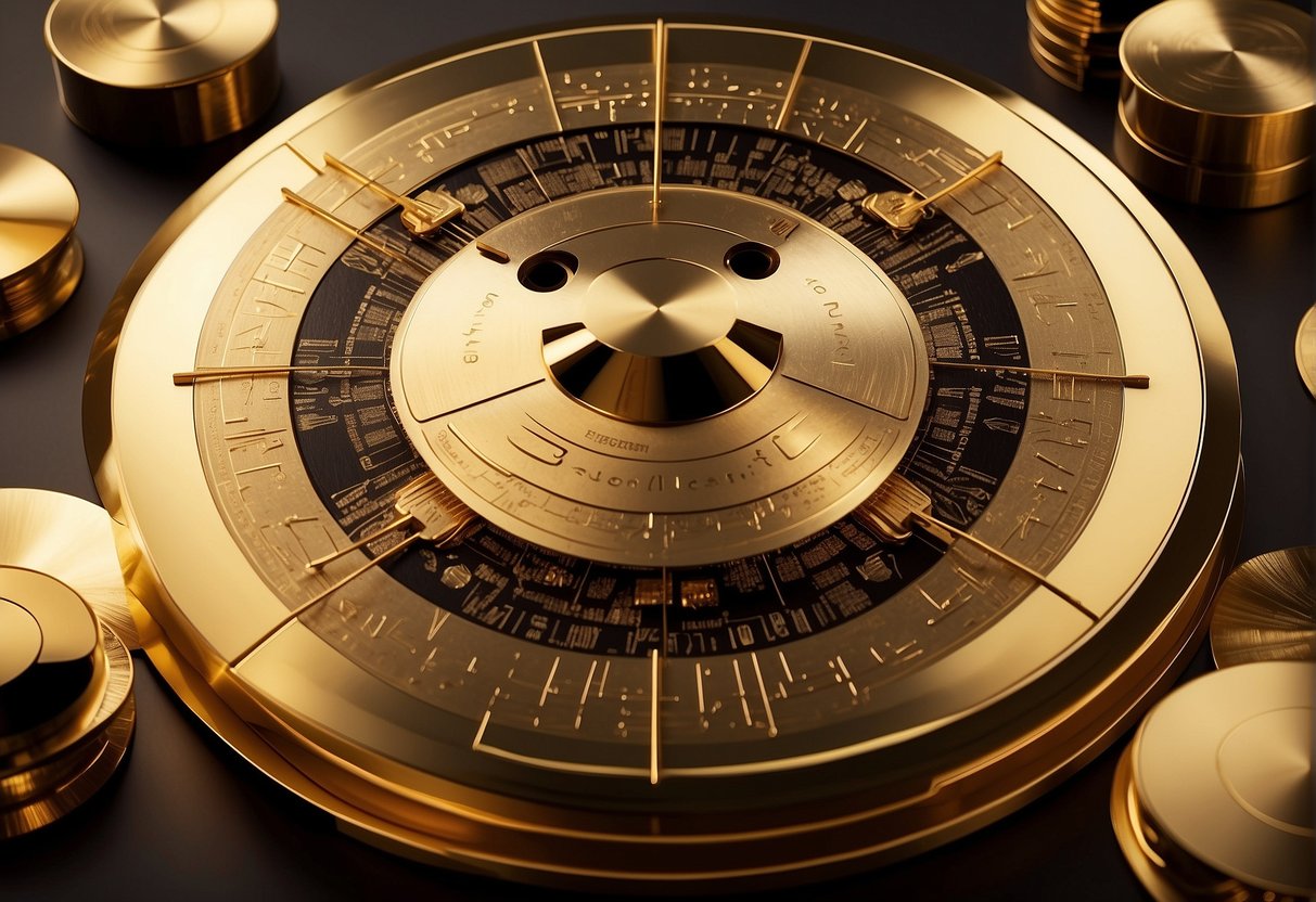 The Golden Record components arranged on a gold-plated disc, including images, sounds, and greetings from Earth's diverse cultures
