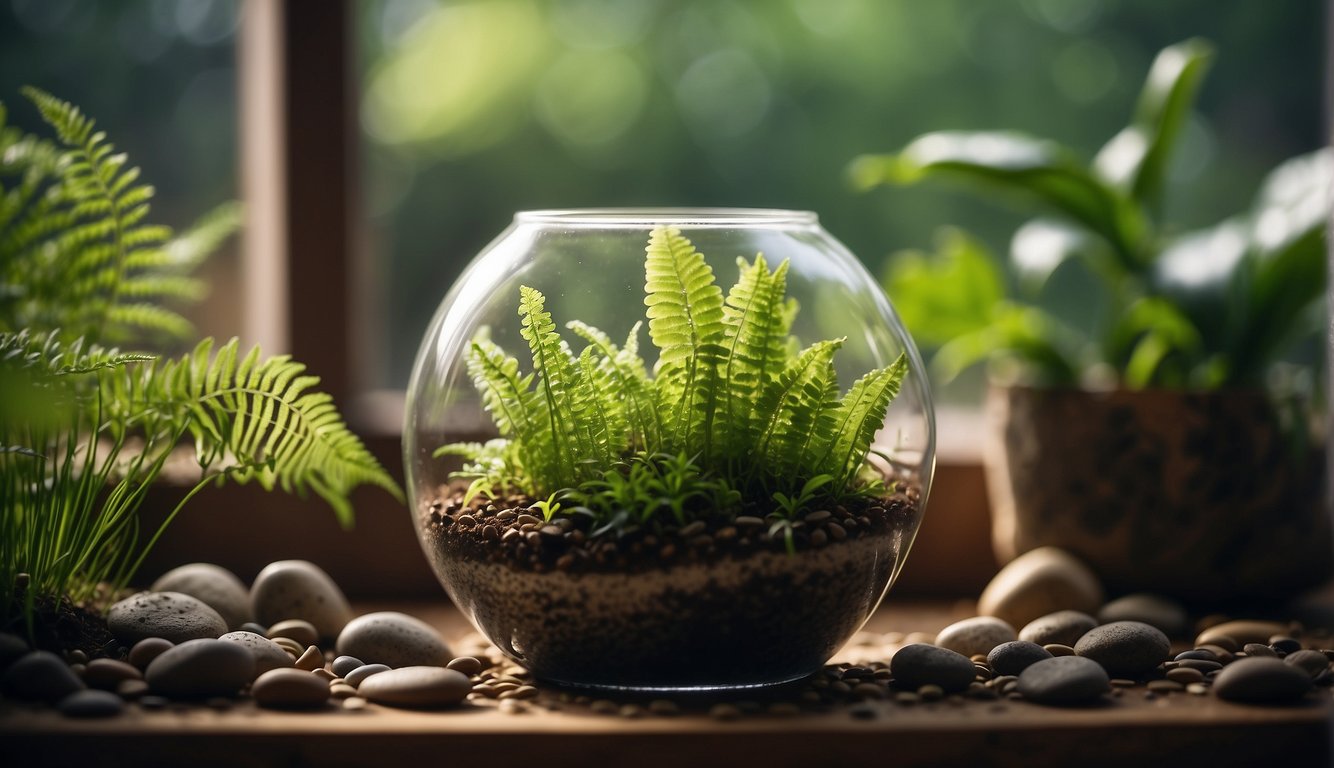 Lush green button ferns sprout from moist soil in a glass terrarium, surrounded by small pebbles and gentle sunlight filtering through a nearby window