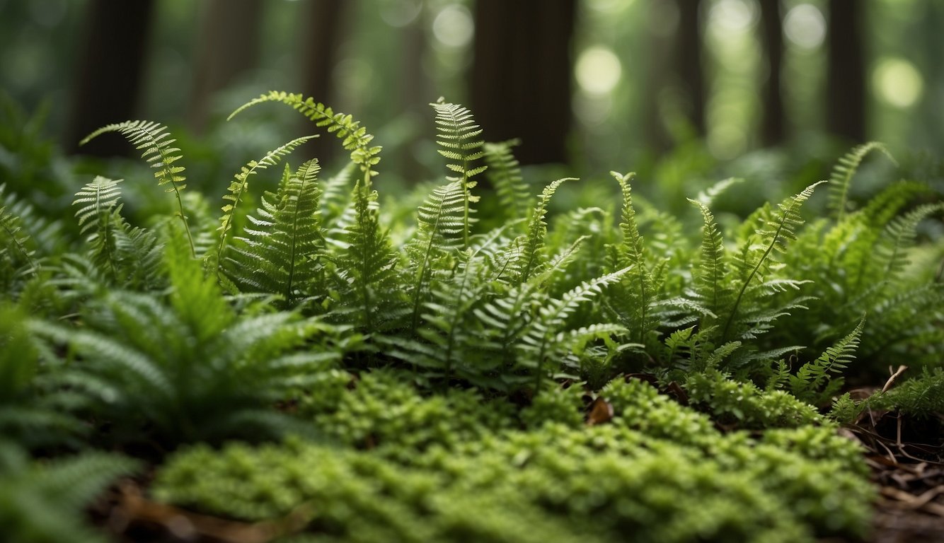 Lush green button ferns spread across a forest floor, their delicate round fronds creating a mesmerizing pattern of tiny green worlds