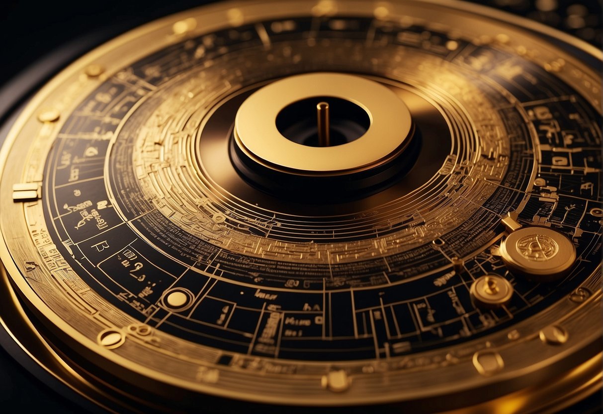 A golden record with engraved symbols and images representing human culture and scientific knowledge