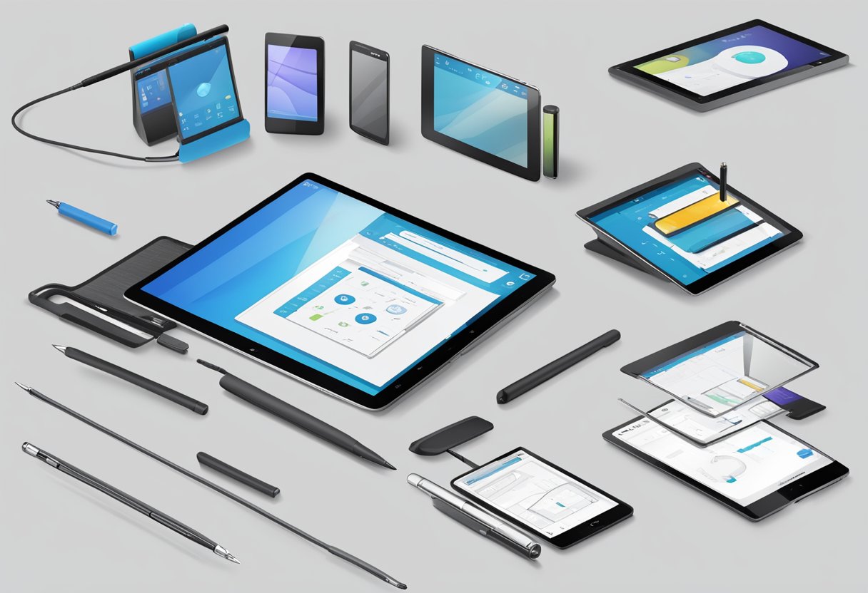 A stylus hovers over a variety of capacitive touch screens, comparing size, weight, and grip. Icons representing different features are displayed on the screens