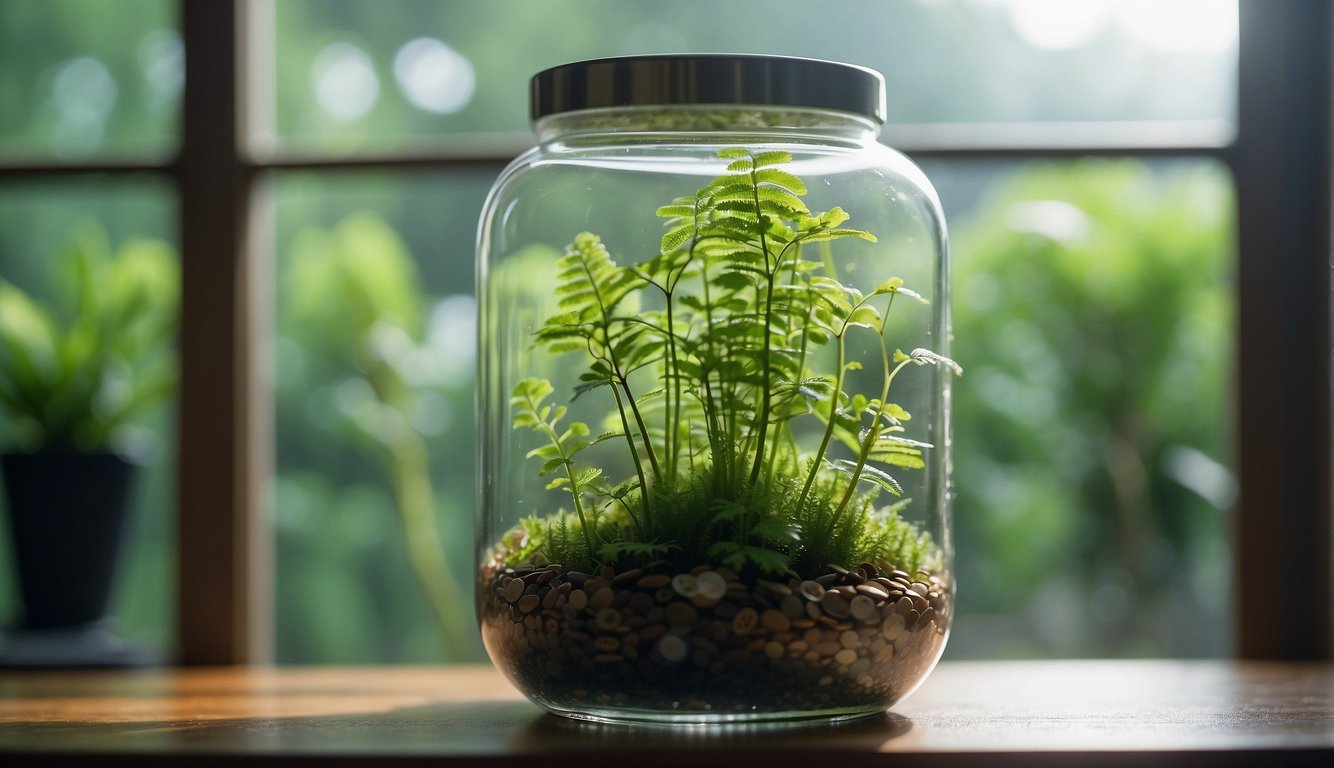 A small button fern sits in a clear glass jar filled with water, surrounded by bright natural light. Delicate roots extend from the base of the plant, reaching into the water below