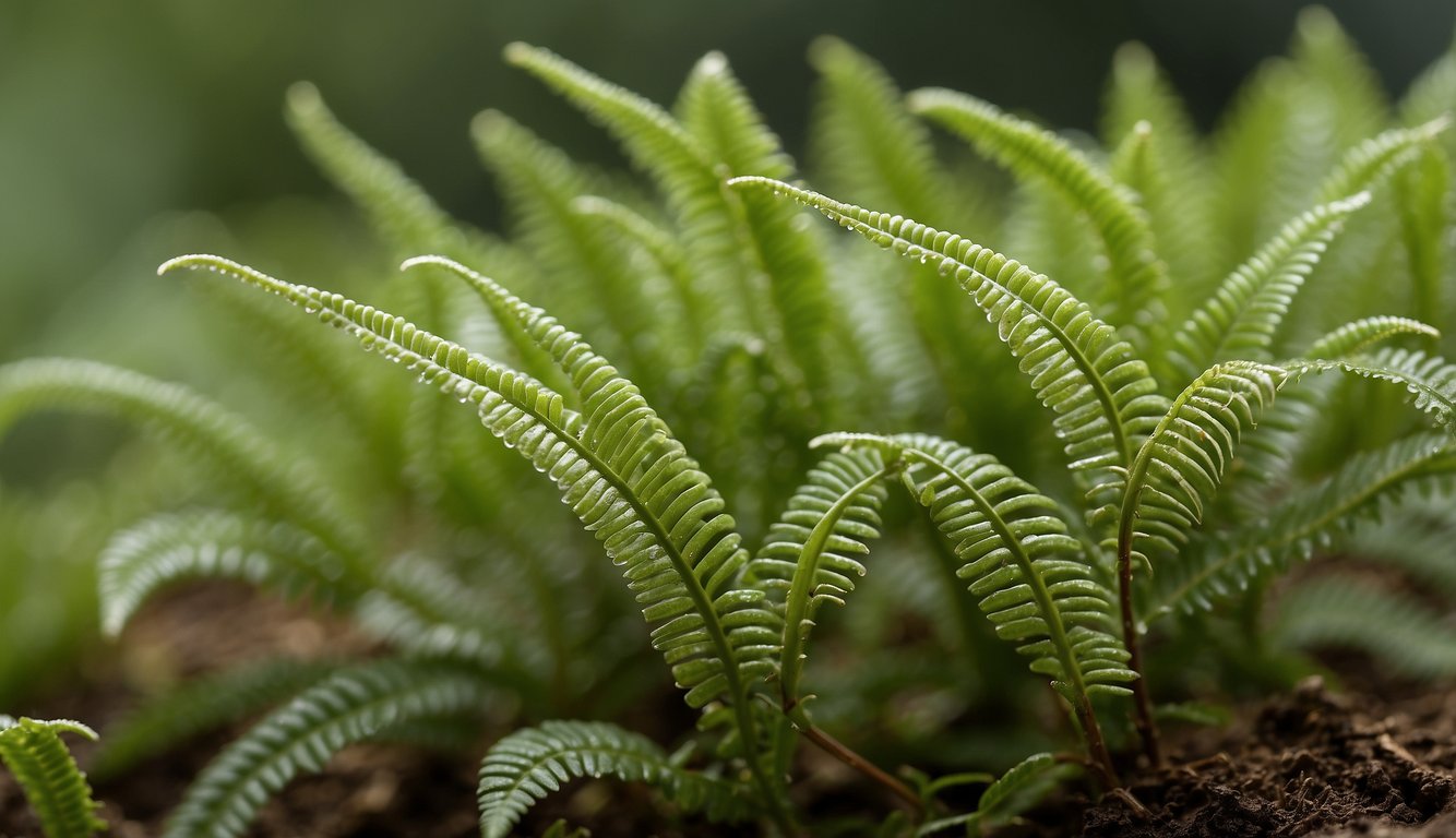 A close-up view of a button fern (Pellaea rotundifolia) with detailed focus on the fronds and spores for propagation