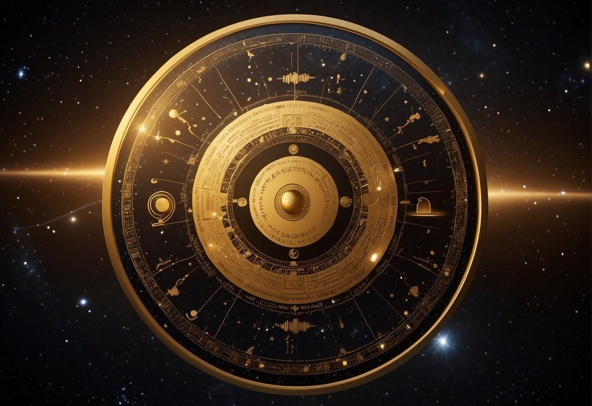 The Golden Record floats in space, adorned with symbols and sounds representing Earth's diverse cultures and languages, a message of peace and unity to the cosmos