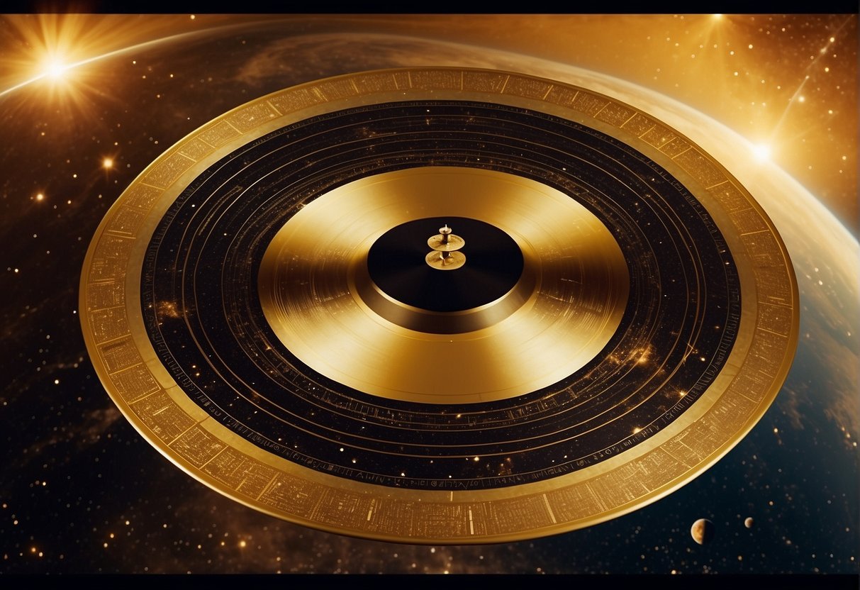 The Voyager spacecraft's Golden Record floats in space, adorned with symbols and images representing humanity's diverse cultures and languages. It is surrounded by the vastness of the cosmos, emphasizing the message's reach