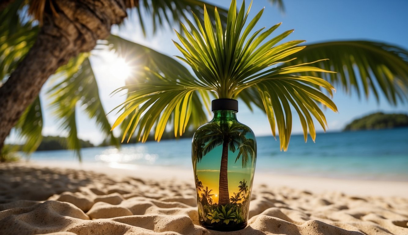 A bottle palm tree stands tall on a tropical island beach, surrounded by lush greenery and vibrant flowers. The sun shines down on the scene, casting a warm and inviting glow