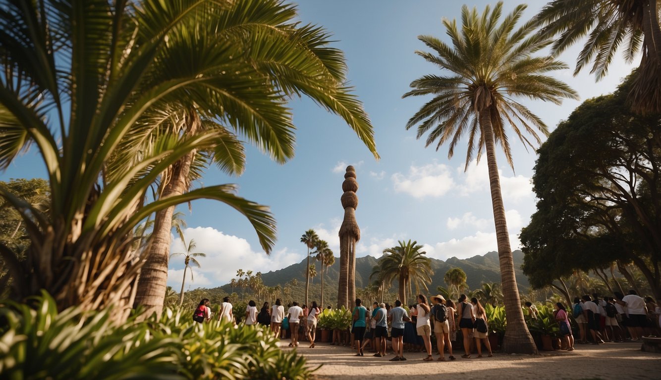 A bottle palm tree surrounded by curious onlookers, its unique shape and charm drawing attention. The tree stands tall and proud, its slender trunk and rounded crown creating a picturesque scene