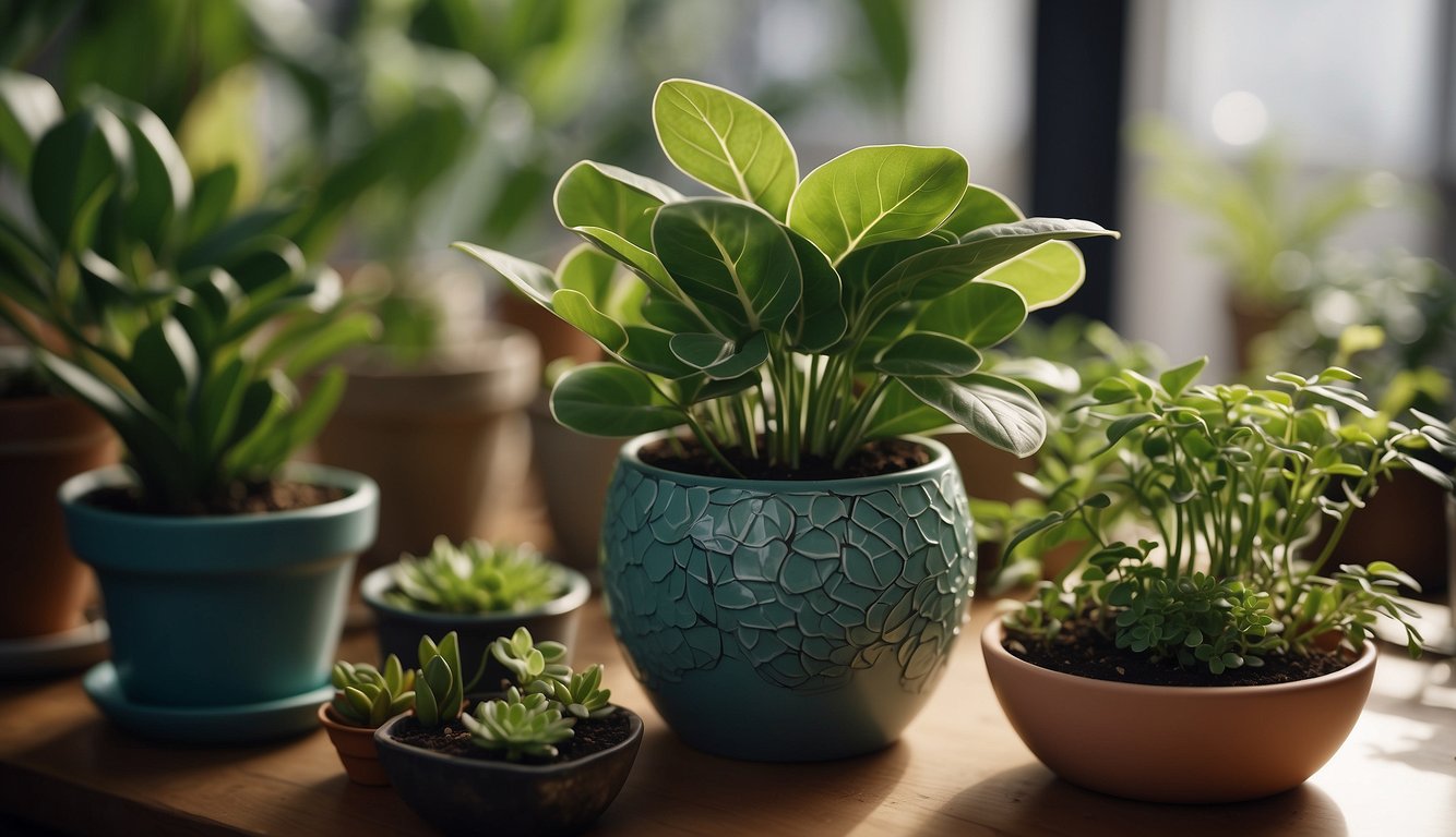 A vibrant nerve plant sits in a decorative pot, surrounded by small cuttings and propagation tools. The plant's intricate veined leaves are the focal point of the scene