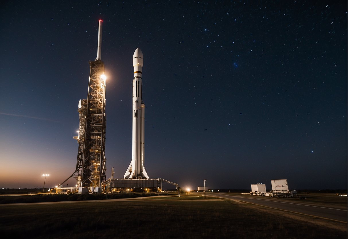 SpaceX's Falcon Heavy stands tall on the launch pad, surrounded by advanced infrastructure and fueling equipment. In the background, the starry night sky sets the stage for the historic launch of Starman into space