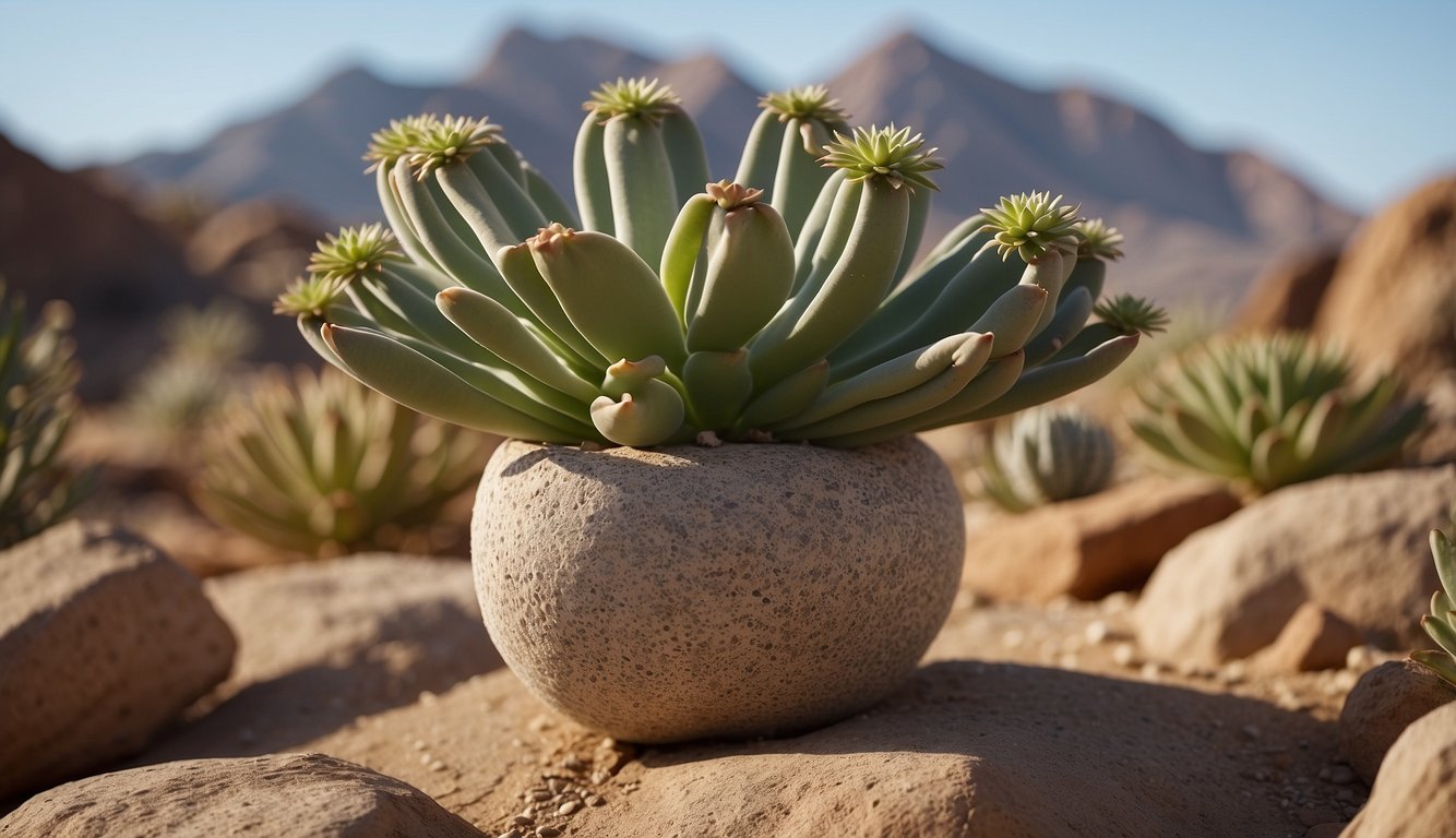 A mature elephant's foot plant sits in a rocky desert landscape, surrounded by other succulents. The plant's thick, wrinkled stem and bulbous base are prominent features