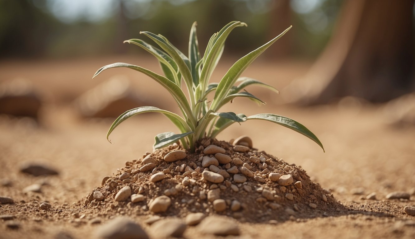 A mature elephant's foot plant with multiple tuberous stems, surrounded by dry, sandy soil and a few scattered rocks
