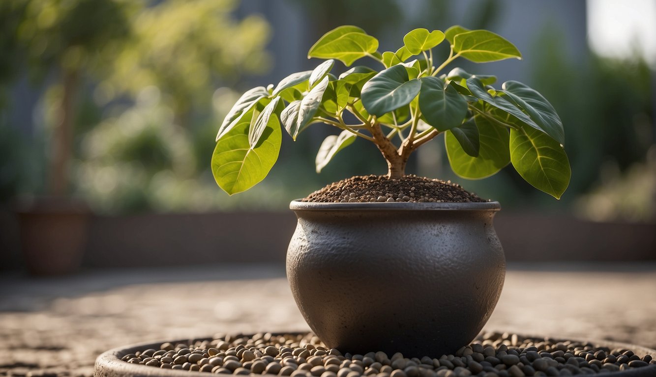 A mature Dioscorea elephantipes plant sits in a well-draining pot with a layer of gravel at the bottom. A small offset or "pup" is visible at the base of the main stem, ready for propagation