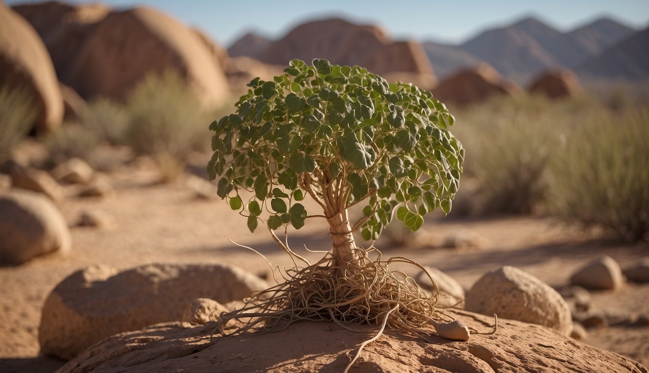 A mature Dioscorea elephantipes plant with multiple swollen stems and long, twisting tendrils, surrounded by rocky desert terrain