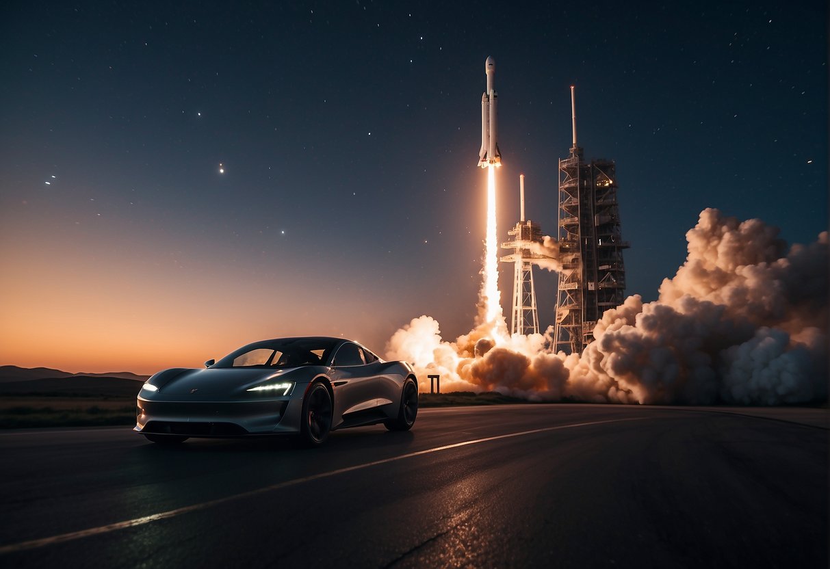 SpaceX's Falcon Heavy rocket launches into the night sky, carrying Starman and his Tesla Roadster towards the stars, symbolizing the dawn of a new era in space exploration