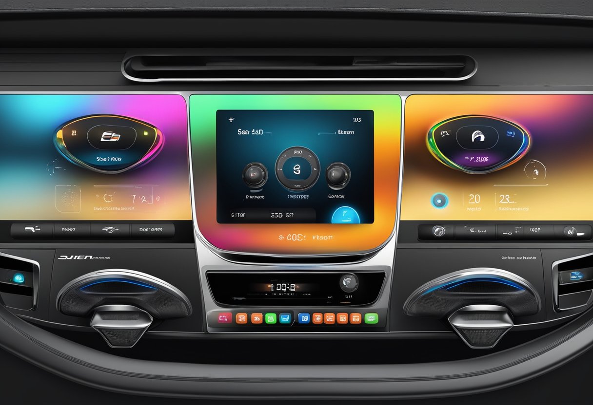 A sleek car stereo with a large, vibrant capacitive touch screen, displaying a modern interface with clear, responsive touch controls