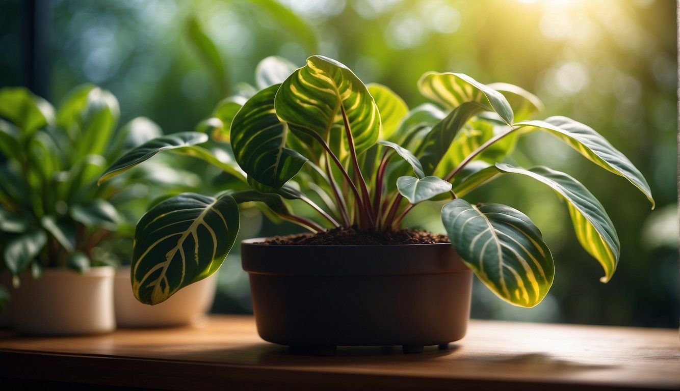 The prayer plant propagation guide features a lush, vibrant Maranta leuconeura plant with intricate leaf patterns, surrounded by gentle sunlight and a backdrop of lush green foliage